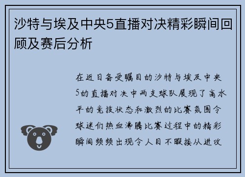 沙特与埃及中央5直播对决精彩瞬间回顾及赛后分析