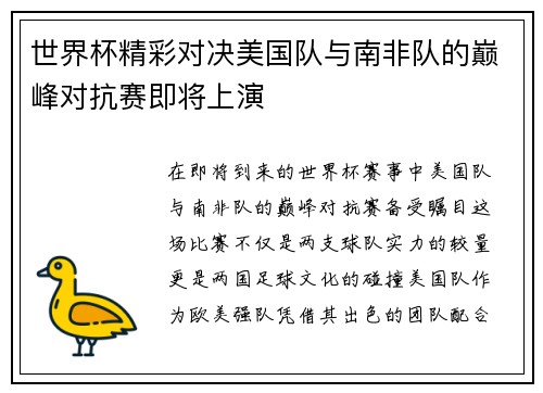 世界杯精彩对决美国队与南非队的巅峰对抗赛即将上演