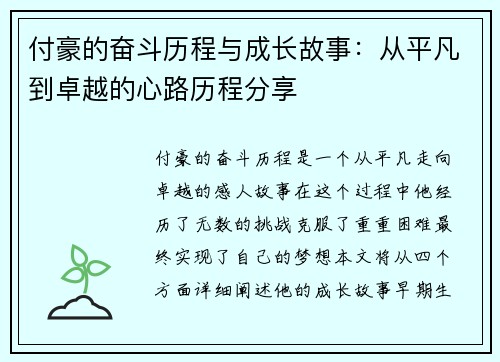 付豪的奋斗历程与成长故事：从平凡到卓越的心路历程分享